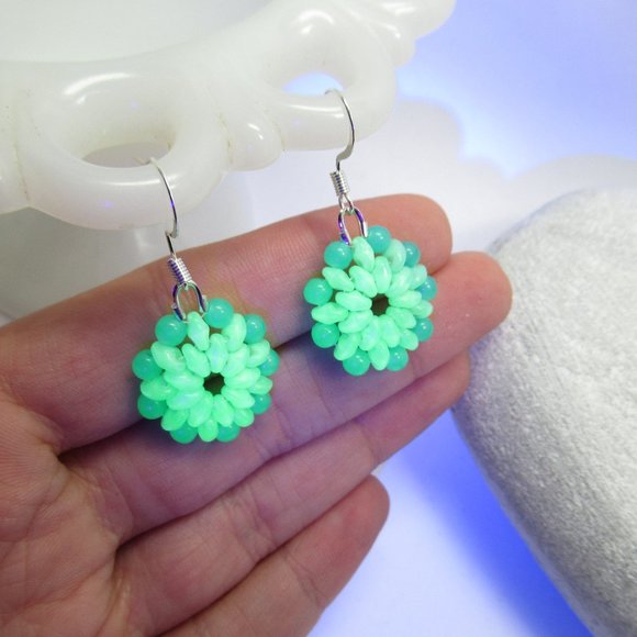 Handstitched Uranium Glass Flower earrings - Picture 3 of 11